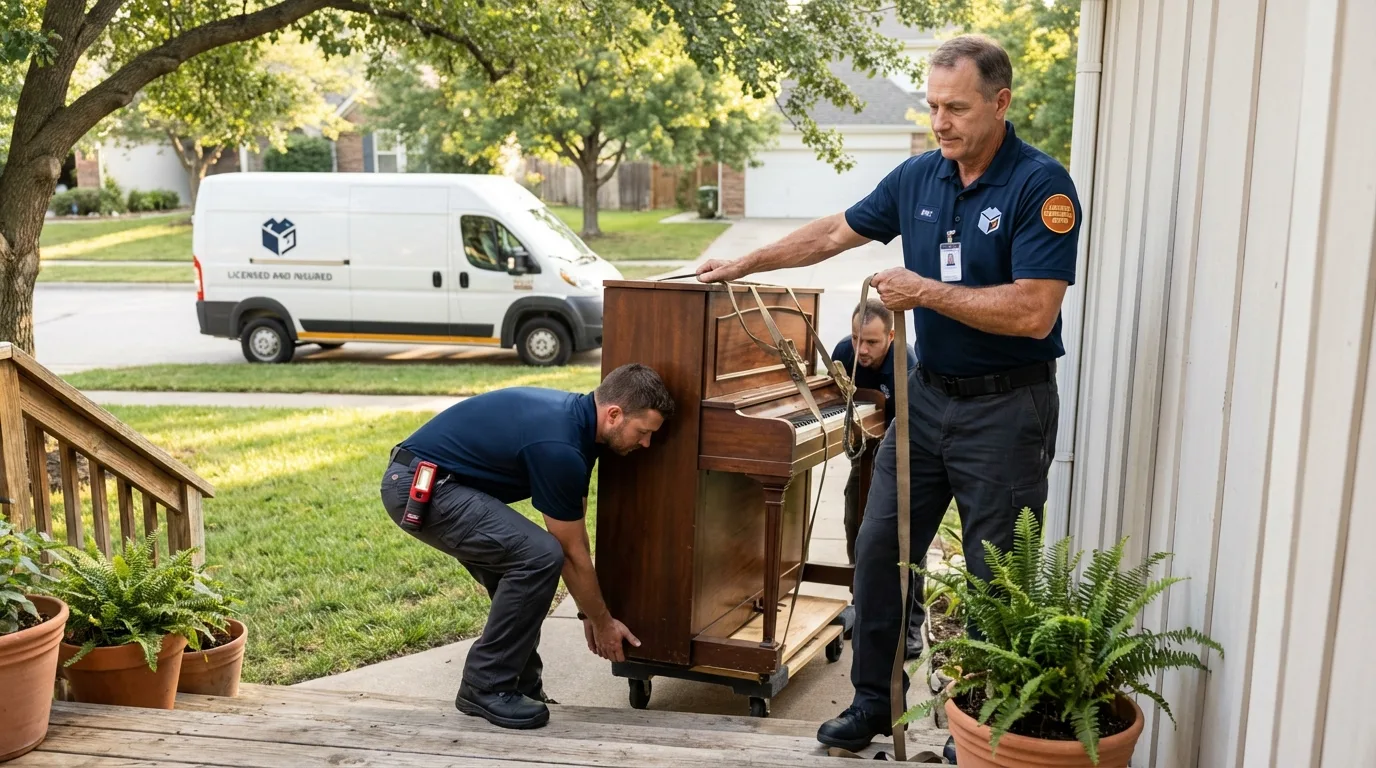 Licensed piano movers securing grand piano in Springvale, ME