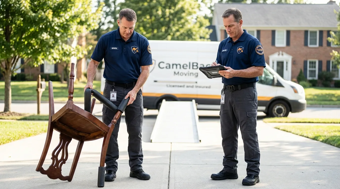 Movers inspecting furniture for damage prevention before loading in Springvale, ME