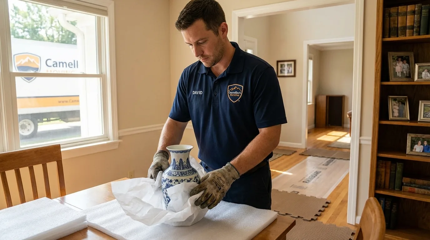 Professional crew carefully wrapping antique vase for senior downsizing move in Springvale, ME